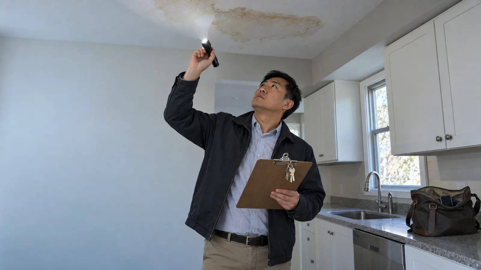 A property manager holding a clipboard and keys, shining a flashlight on a water stain on a kitchen ceiling