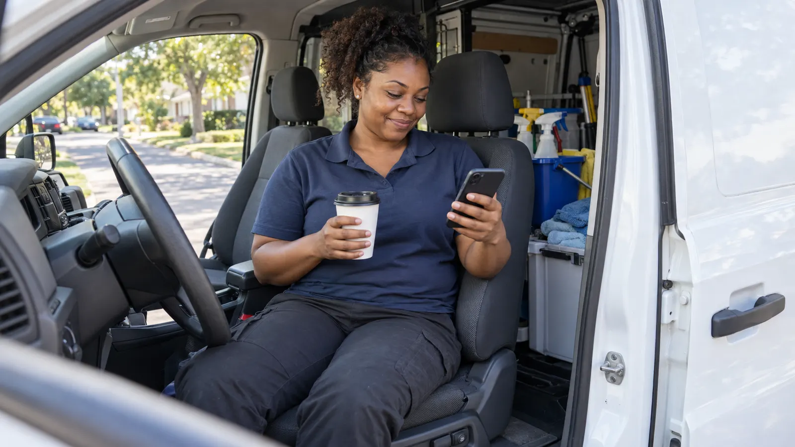 A small business owner smiling at a message on her phone, sitting in her work van with a coffee between jobs