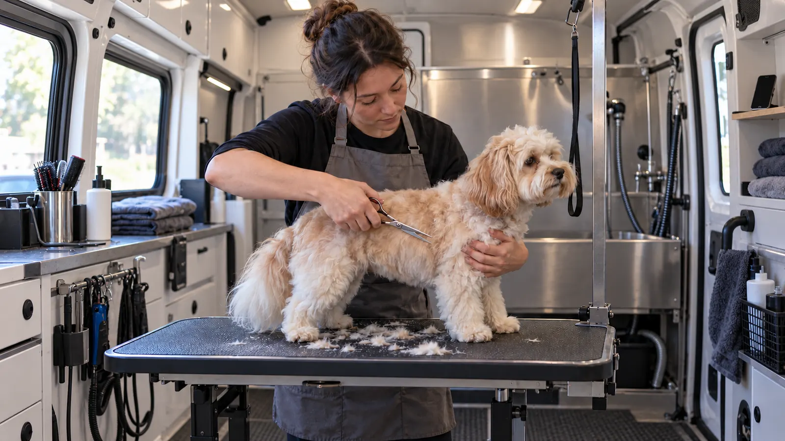 A groomer trimming a fluffy dog on a grooming table inside a mobile grooming van